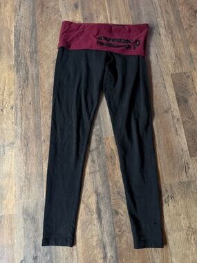 PINK Victoria's Secret Black Leggings with Burgundy Fold-Over Waistband